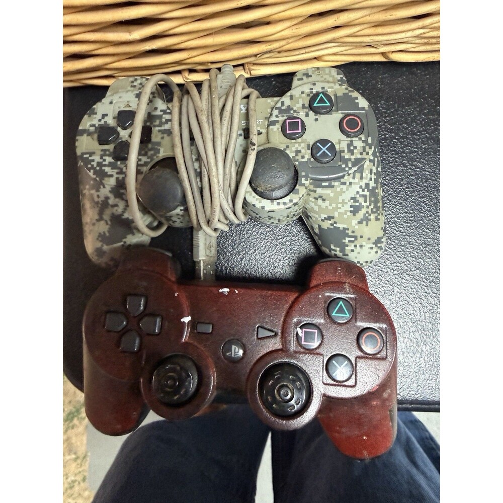 Lot of 2 PlayStation PS3 Controllers Digital Camo Wired & Custom Brown Untested